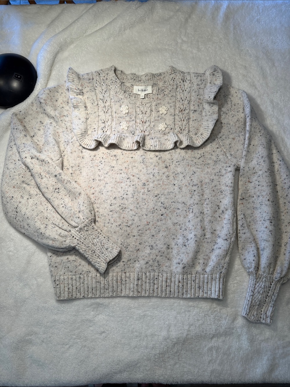 bohme Cream Speckled Ruffle-Collar Knit Sweater with fun flower embellishment